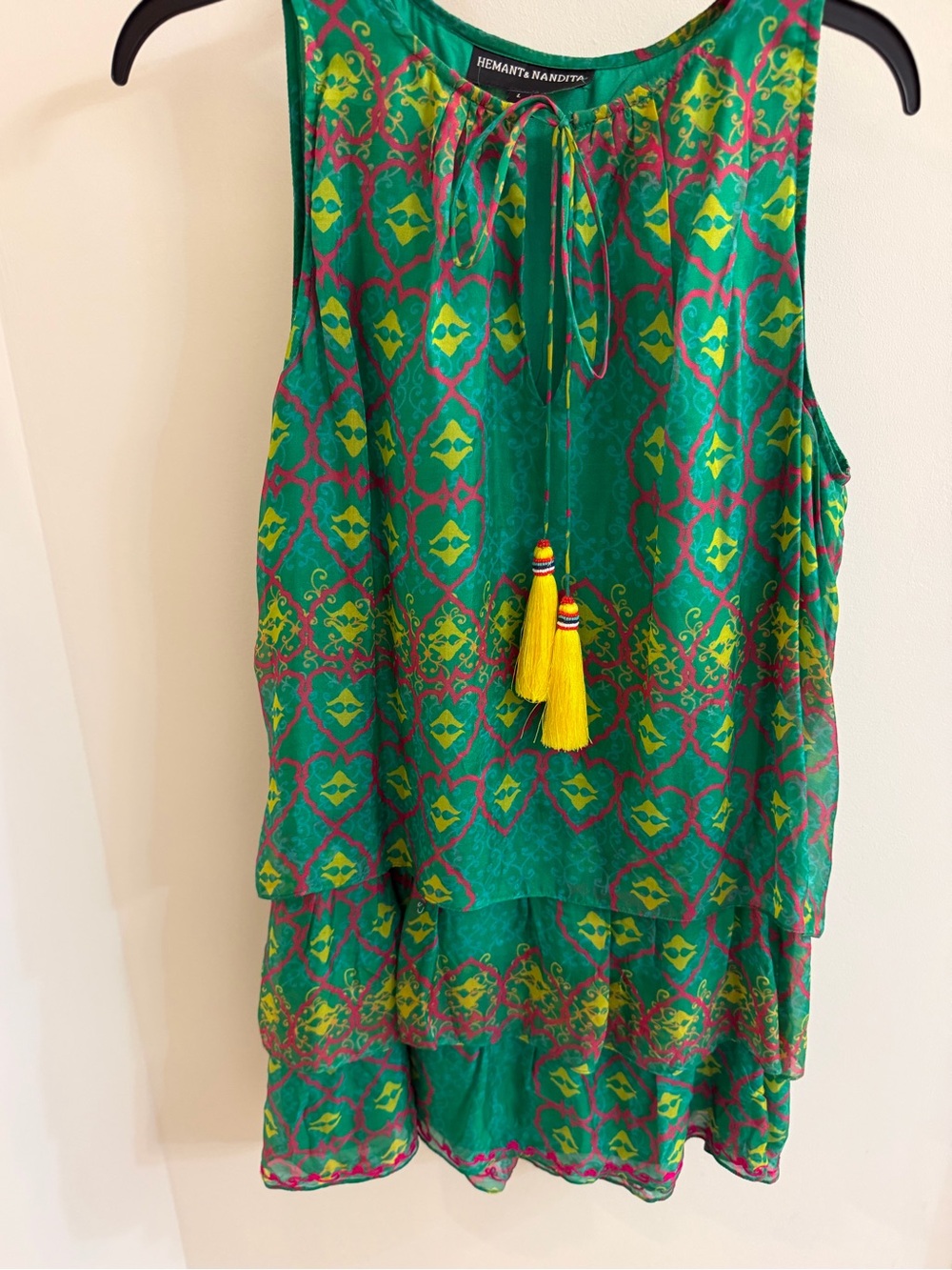 Hemanta Nandita silk Green & Yellow Patterned Tassel Tank/dress, size L